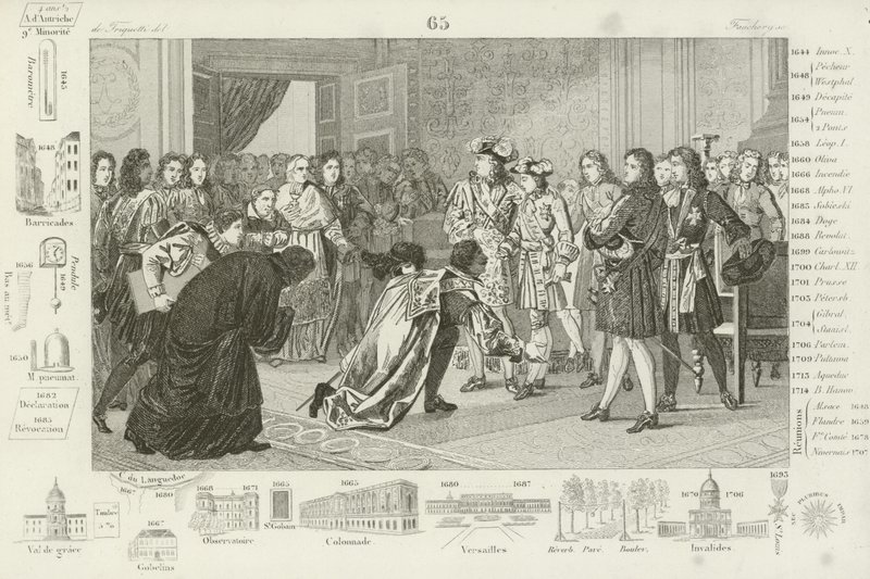Louis XIV presenterer sitt barnebarn, Philip V, for de spanske utsendingene, som deres nye konge, 1700 av French School