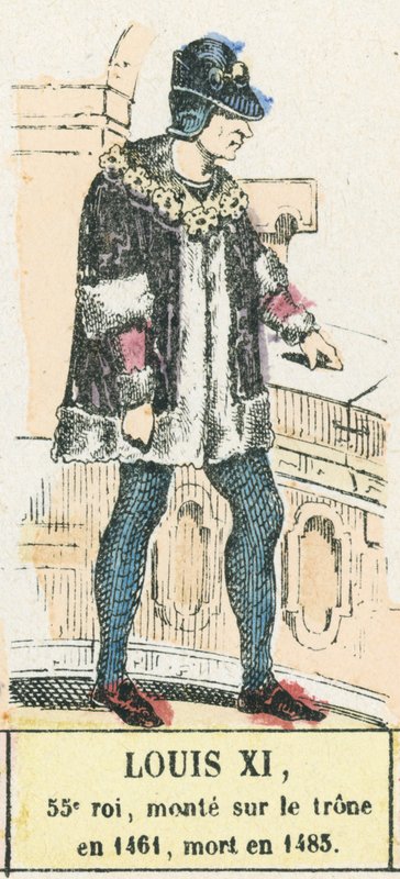 Ludvig XI, 55. konge, besteg tronen i 1461, døde i 1483 (farget gravering) av French School