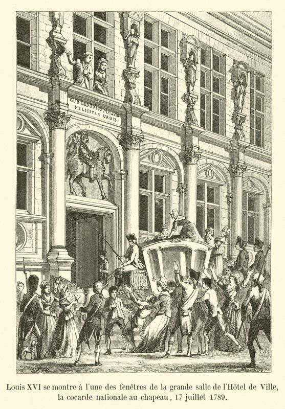 Ludvig XVI viser seg ved et av vinduene i den store salen på Hôtel de Ville, den nasjonale kokarden på hatten hans, 17. juli 1789 av French School
