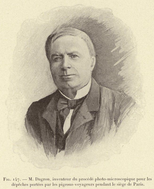 Mr. Dagron, oppfinner av den fotomikroskopiske prosessen for forsendelser båret av brevduer under beleiringen av Paris (gravering) av French School