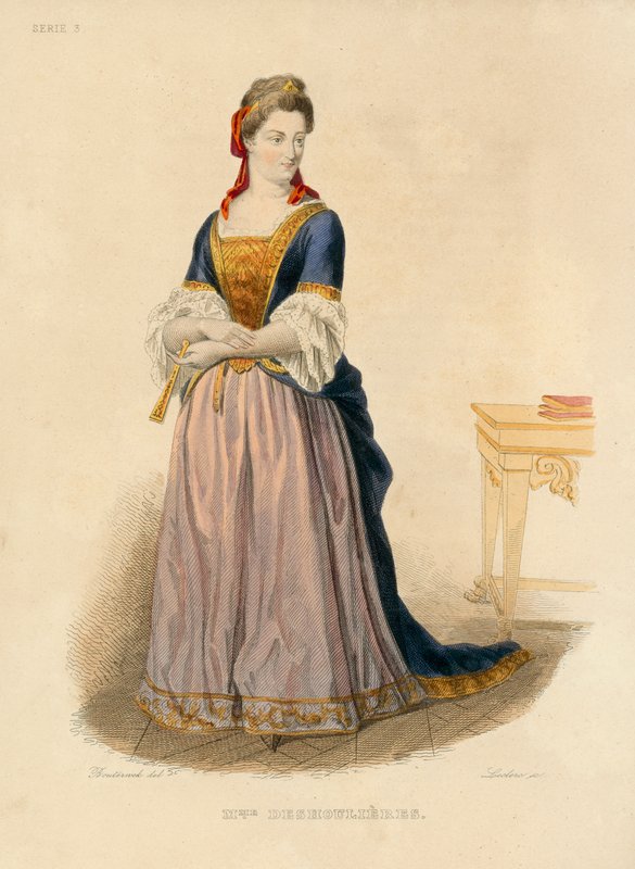 Madame Deshoulieres (farget gravering) av French School
