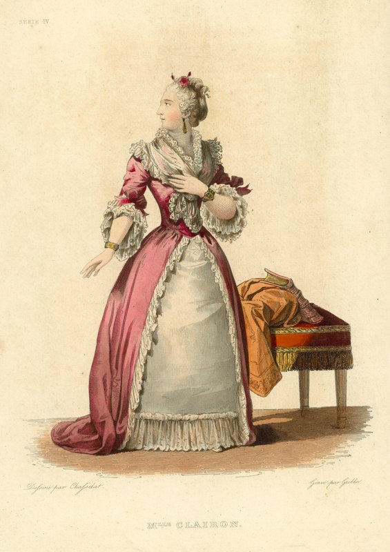 Mademoiselle Clairon (farget gravering) av French School