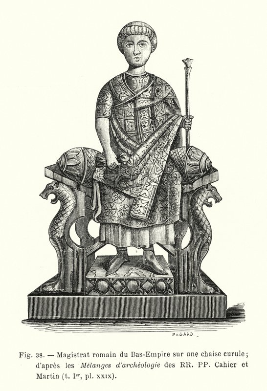 Romersk sorenskriver i det nedre imperiet på en curulestol; etter Melanges d