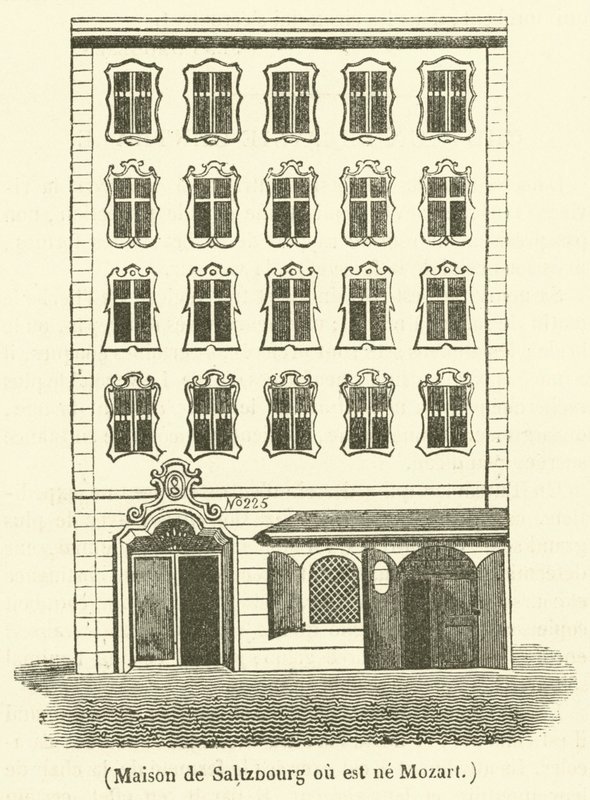 Saltzburg-huset der Mozart ble født (gravering) av French School