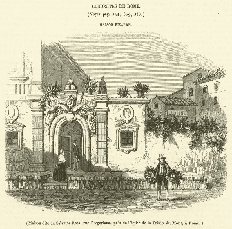 Hus kalt Salvator Rosa, Gregoriana Street, nær Treenighetskirken, i Roma (gravering) av French School