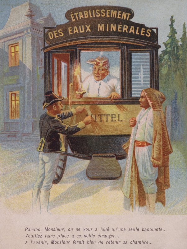 Mann blir bedt om å dele rommet sitt med en fremmed (chromolitho) av French School