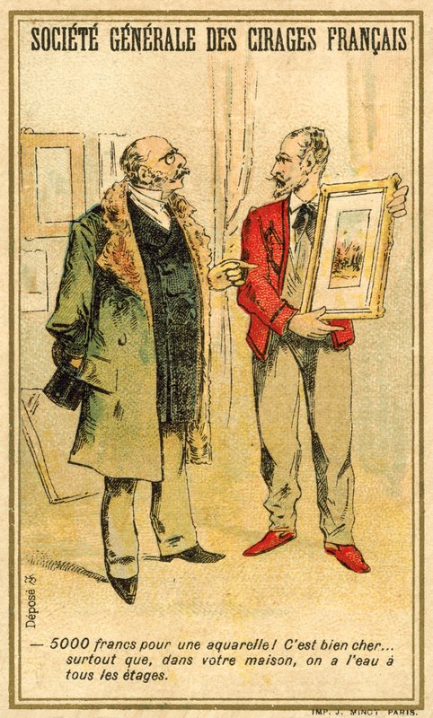 Mann pruter om prisen på en akvarell med en kunstner (chromolitho) av French School