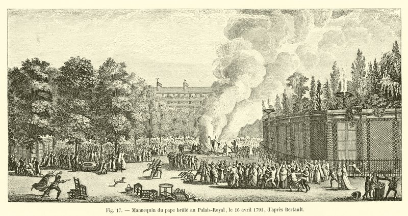 Mannequin av paven brent på Palais-Royal, 16. april 1791, ifølge Bertault av French School