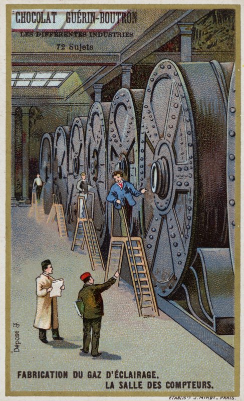 Produksjon av gass for belysning. Målerhall (chromolitho) av French School