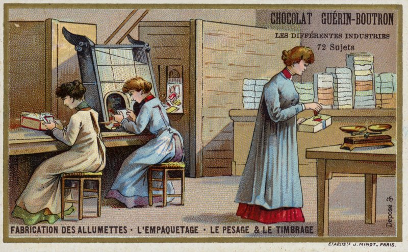 Produksjon av fyrstikker. Pakking, veiing og stempling (chromolitho) av French School