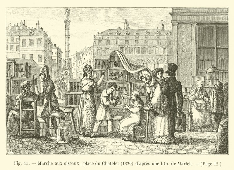 Fuglevandring, place du Chatelet, 1820, etter en lith av Marlet av French School