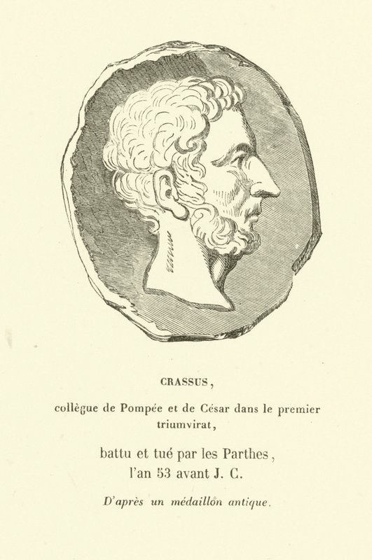 Marcus Licinius Crassus, kollega til Pompeius den store og Julius Caesar i det første triumviratet, drepte kampen mot parthierne i 53 f.Kr. (gravering) av French School