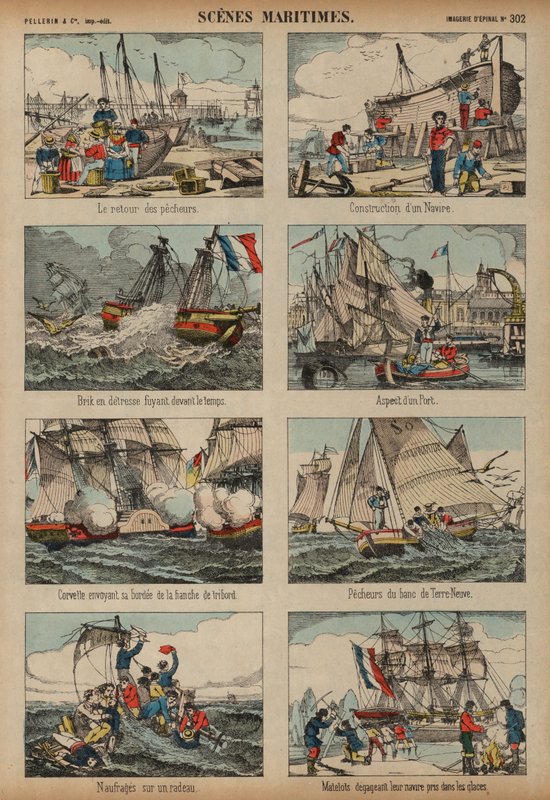 Maritime scener (farget gravering) av French School