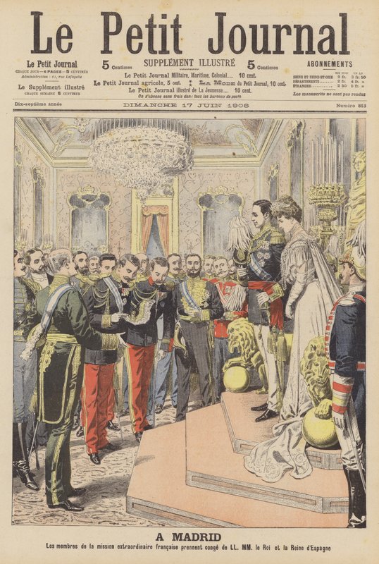 Ekteskap med kong Alfonso XIII av Spania og Victoria Eugenie av Battenberg (farge litho) av French School