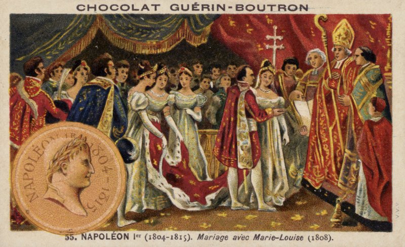 Ekteskap med Napoleon og Marie Louise av Østerrike (chromolitho) av French School