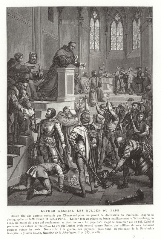 Martin Luther river opp pavelige okser, Wittenberg, Tyskland, 1520 av French School