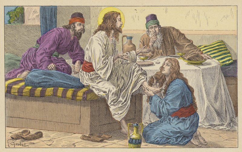 Maria Magdalena ved Jesu føtter (farge litho) av French School