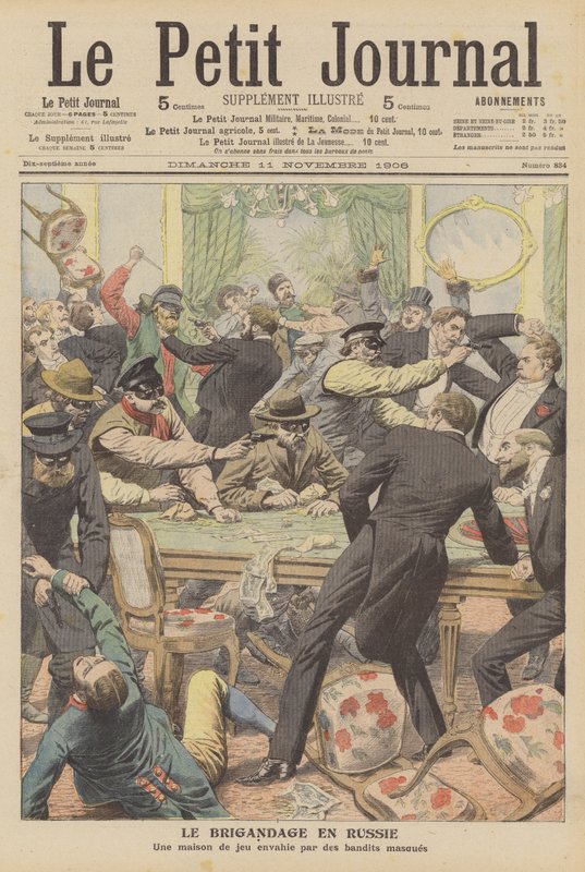 Maskerte ranere som raiderte et spillested i Russland (farge litho) av French School