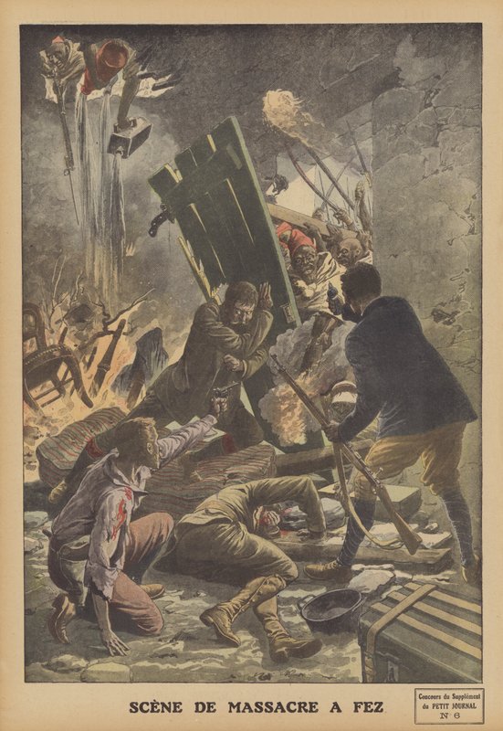 Massakre i Fez, Marokko (farge litho) av French School