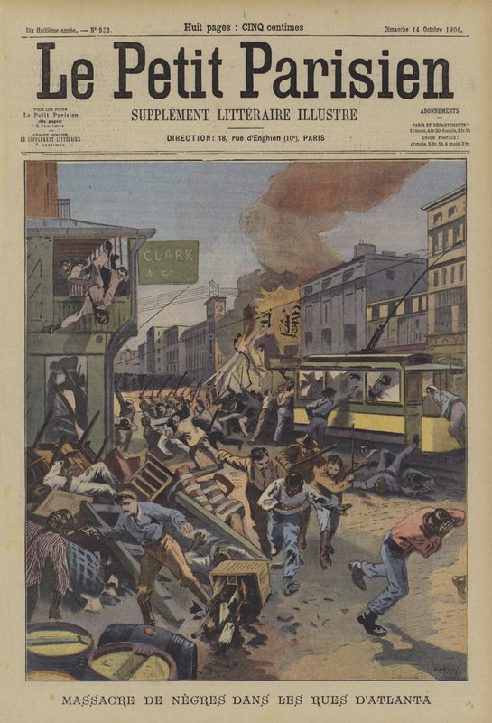Massakre av svarte mennesker på gatene i Atlanta, Georgia (farge litho) av French School