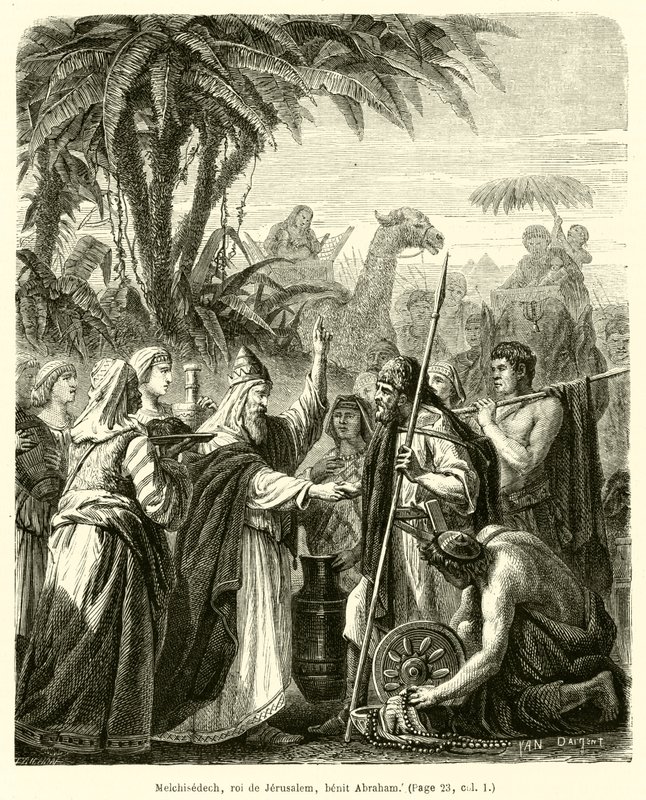 Melchisedech, roi av Jerusalem, benit Abraham (gravering) av French School