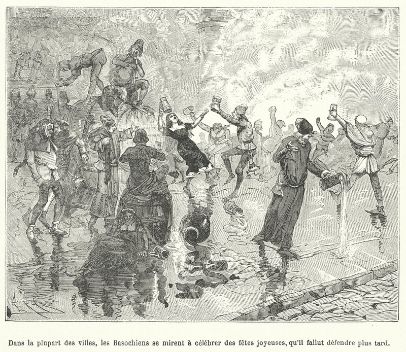 Medlemmer av Basaoche, et laug av advokatfullmektiger, som feirer en festival på gatene i en fransk middelalderby (gravering) av French School