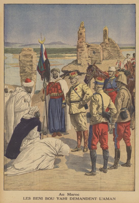 Medlemmer av Beni Bou Yahi-stammen ber om benådning for å ha angrepet en fransk konvoi i Marokko (litho-farge) av French School