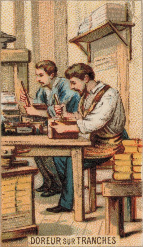 Menn som forgyller bøker med gull (chromolitho) av French School