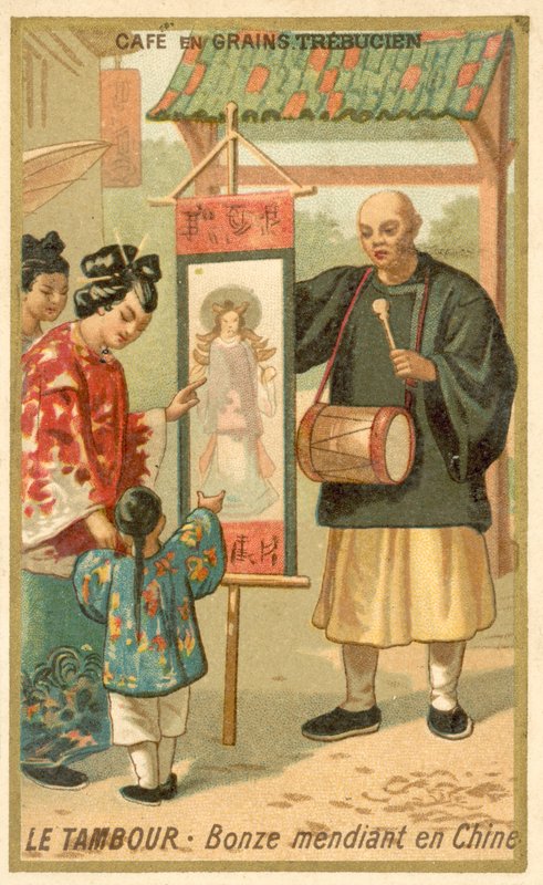 Mendicant munk med en tromme, Kina (chromolitho) av French School