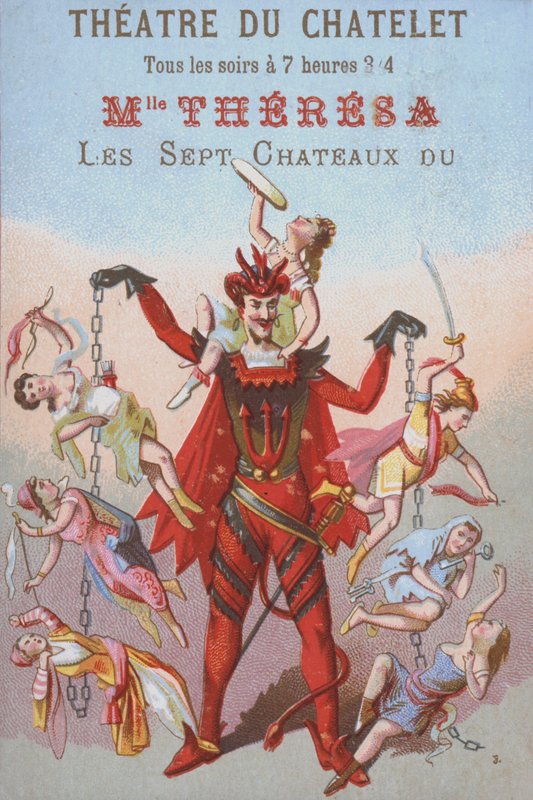 Mephistopheles dingler menn og kvinner i lenker (farge litho) av French School