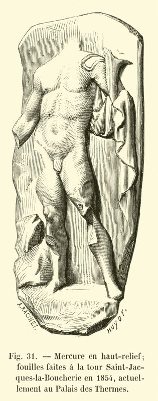 Kvikksølv i høy relieff; utgravninger gjort ved Saint-Jacques-la-Boucherie-tårnet i 1854, for tiden ved Palais des Thermes av French School