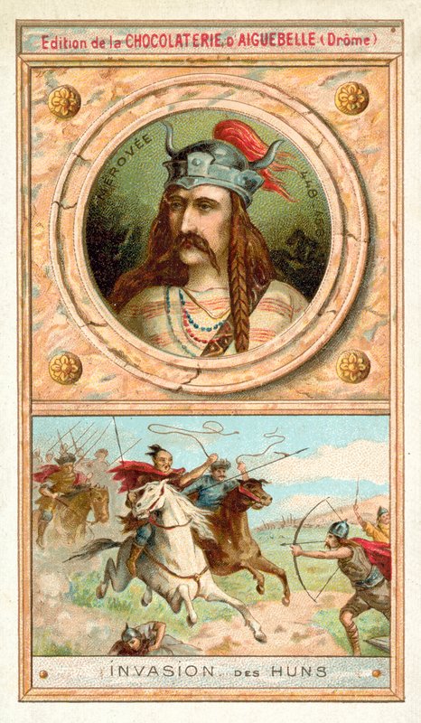 Merovech, kongen av de saliske frankerne, og invasjonen av hunerne, 451 (chromolitho) av French School