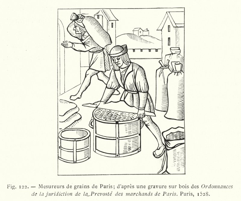 Paris kornmålere; etter et tresnitt fra Ordannances de la Jurisdiction de la Prevoste des Marchands de Paris, Paris av French School