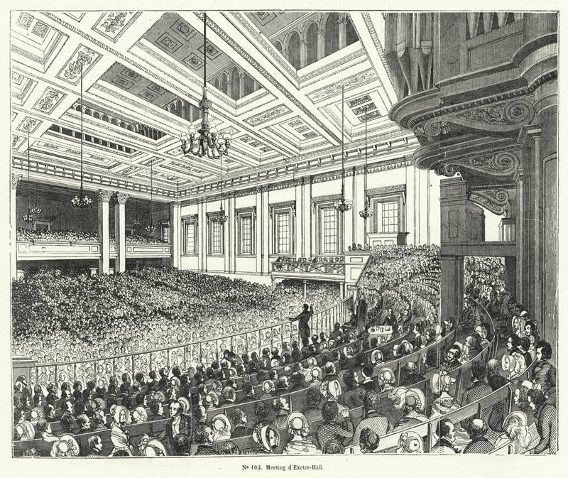 Møte av Anti-Corn Law League i Exeter Hall, London av French School