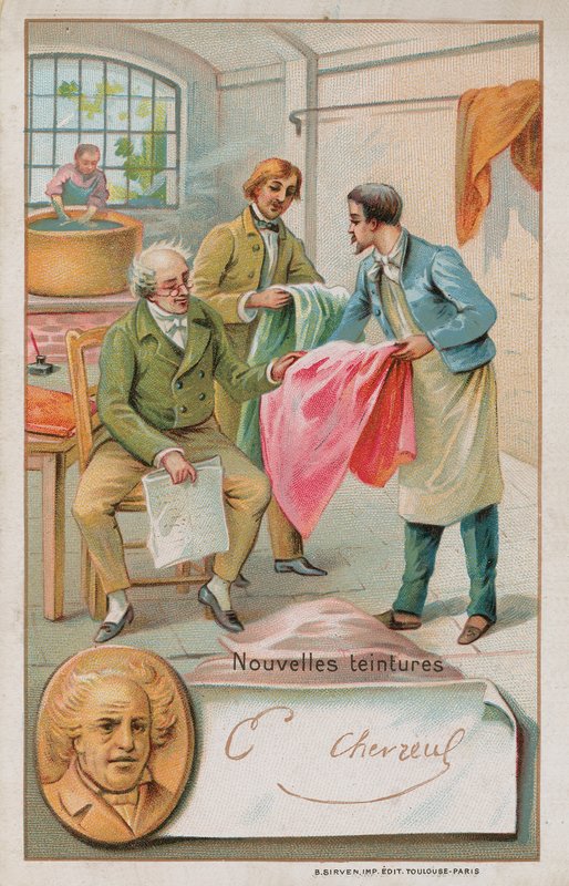Michel Eugene Chevreul , fransk kjemiker (1786-1889), inspiserer noen nye fargestoffer av French School