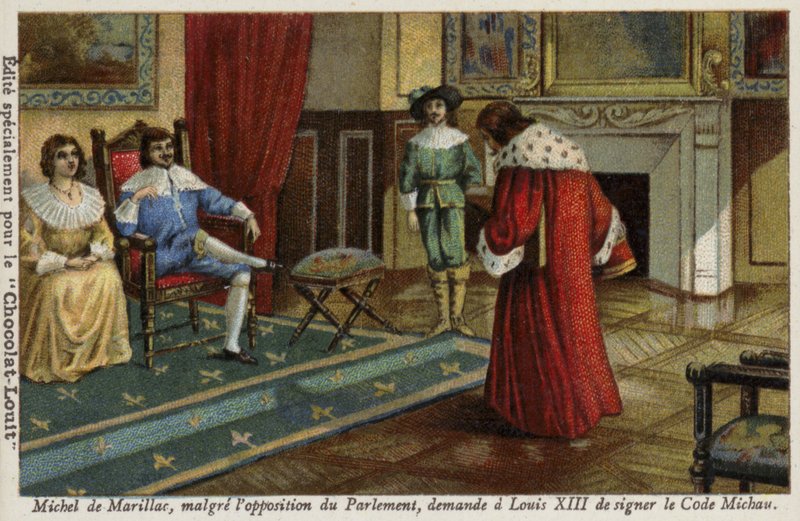 Michel de Marillac, til tross for motstand fra parlamentet, ber Louis XIII om å signere Michau-koden som reformerte det franske rettssystemet, 1629 av French School