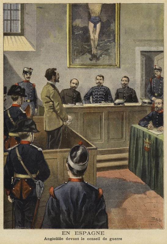 Michele Angiolillo før krigsrådet, Spania, 1897 av French School
