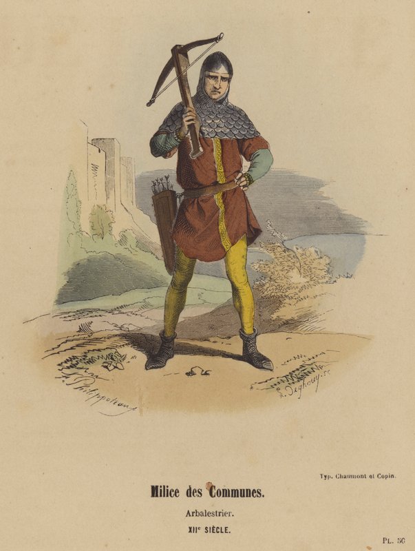 Kommunenes milits, Arbalestrier, XII. århundre (farget gravering) av French School