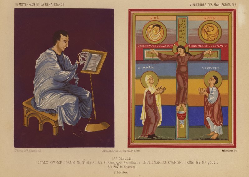 Miniatyrer fra belyste manuskripter fra det 9. århundre (chromolitho) av French School