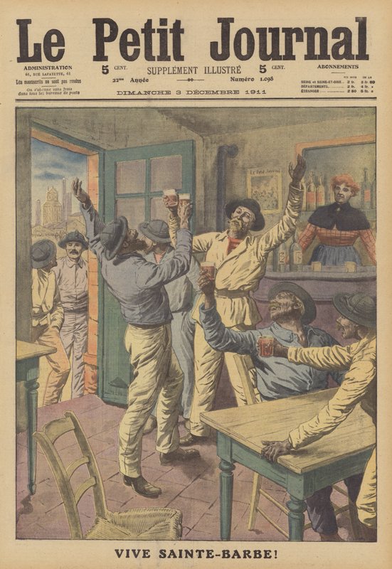 Gruvearbeidere som drikker en skål for St Barbara, deres skytshelgen (farge litho) av French School