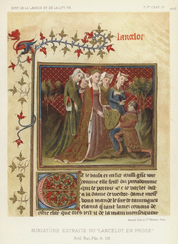 Miniatyr ekstrahert fra Lancelot i prosa (farge litho) av French School