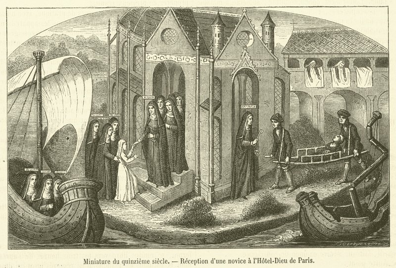 Miniatyr av det femtende århundre, mottakelse av en nybegynner på Hotel-Dieu i Paris (gravering) av French School