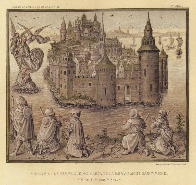 Mirakel av en kvinne som ND Garda fra havet til Mont Saint-Michel (farge litho) av French School