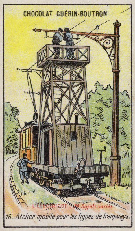 Mobil plattform for reparasjon av luftledninger på trikkeveier (chromolitho) av French School