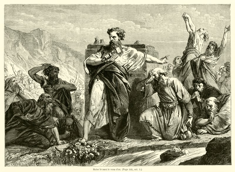 Moses bryter gullkalven (gravering) av French School