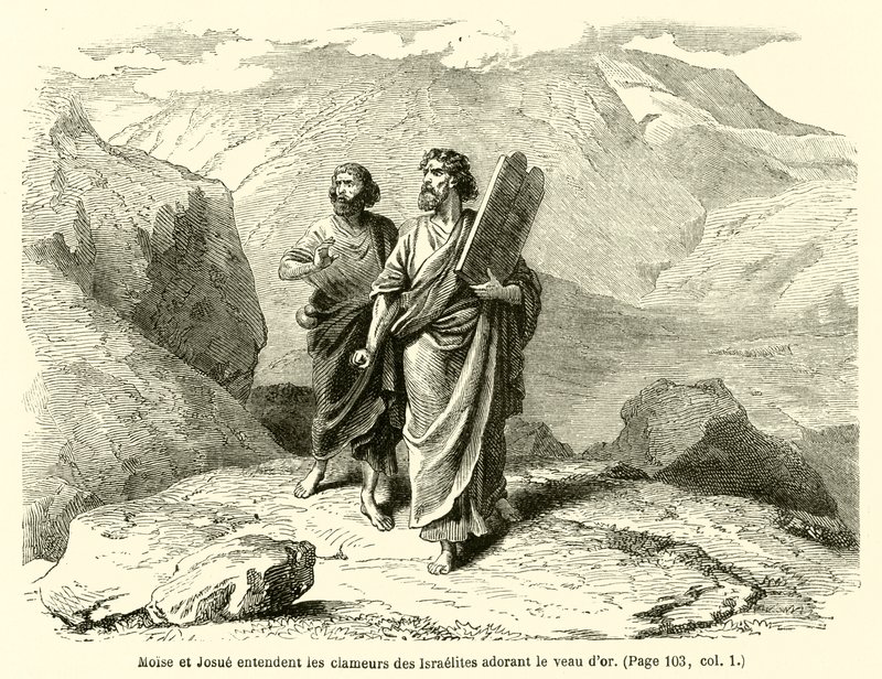 Moses og Josva hører ropene fra israelittene som tilber gullkalven (gravering) av French School