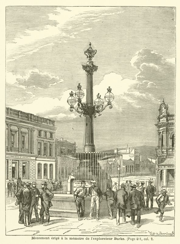 Monument reist til minne om oppdageren Burke (gravering) av French School