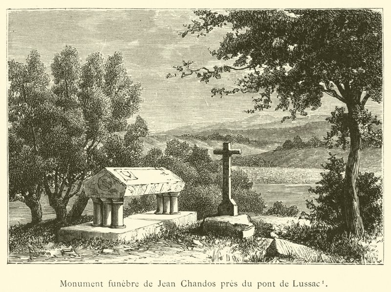 Begravelsesmonument til Jean Chandos nær Lussac-broen (gravering) av French School