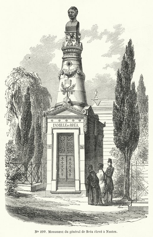 Monument i Nantes til den franske general Jean Baptiste Fidele Brea, henrettet av revolusjonære under junidagens opprør i Paris i 1848 (gravering) av French School