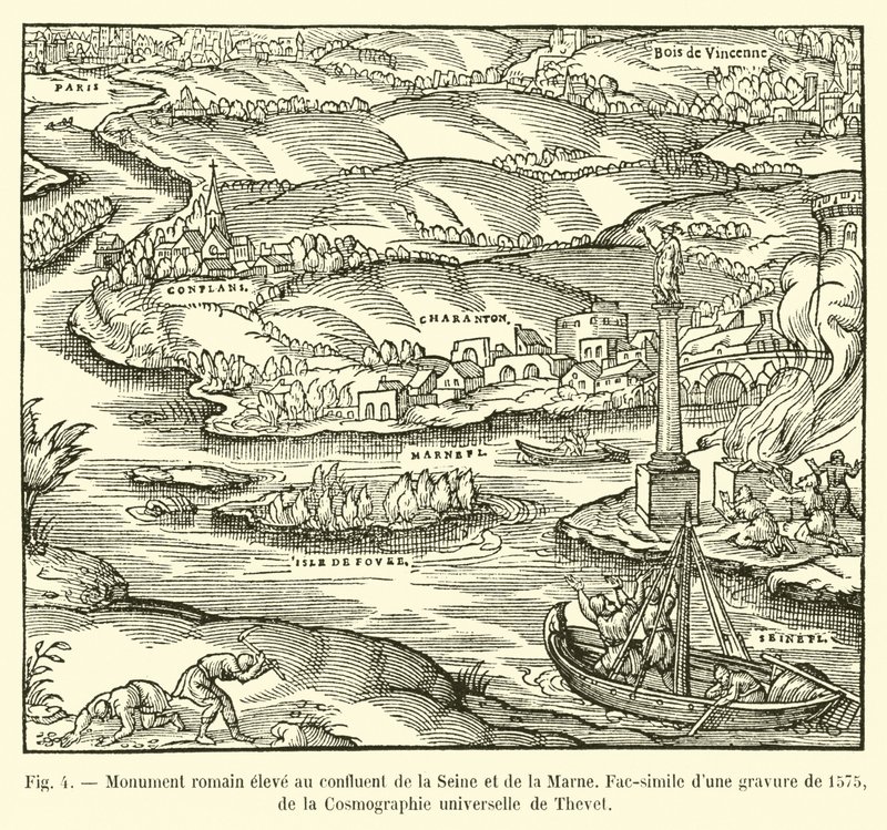 Romersk monument reist ved sammenløpet av Seinen og Marne, faksimile av en gravering fra 1575, fra Cosmographie universelle av Thevet av French School